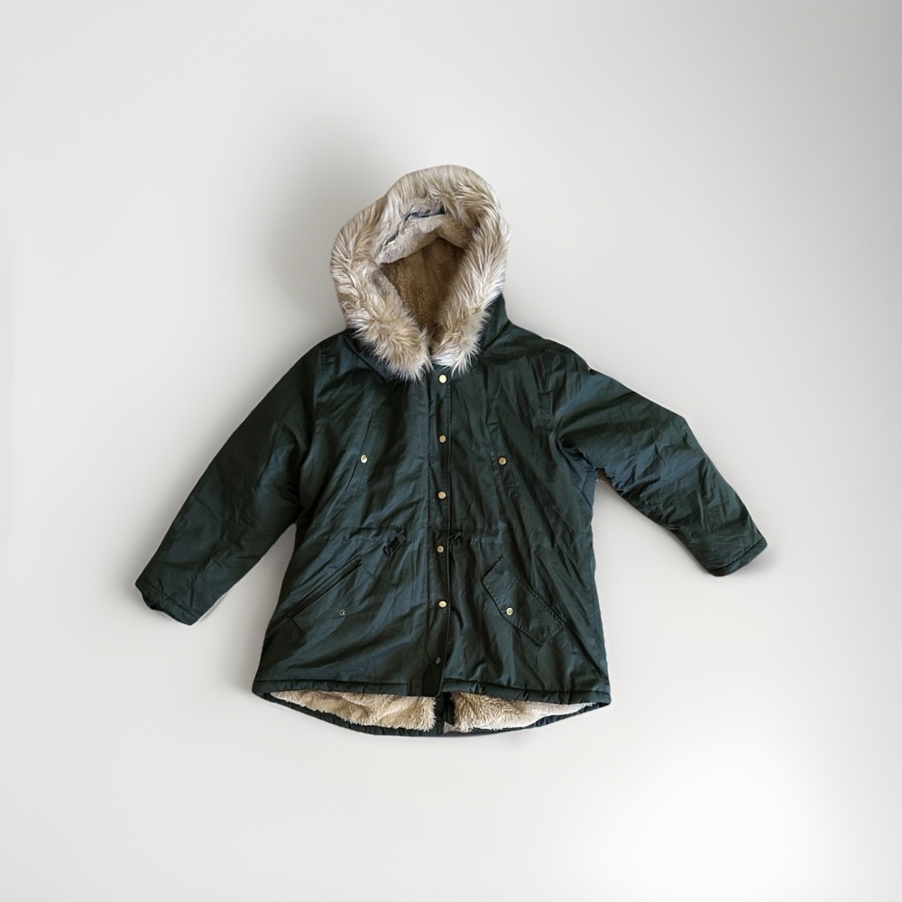 LOFT Women's Coat Parka Dark Forest Green‎ Plush Lining Faux Fur Hood Size 18